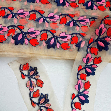 Gold Sheer Trim With Red, Blue And Pink Floral Embroidery, Approx. 65mm Wide